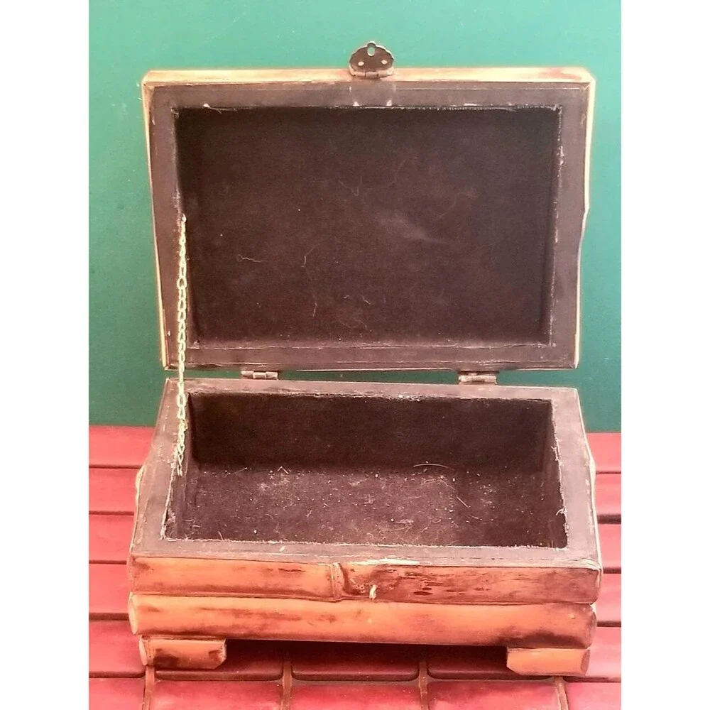 Vintage Bamboo & Wooden Jewelry Box With Brass Hardware Felt Lined